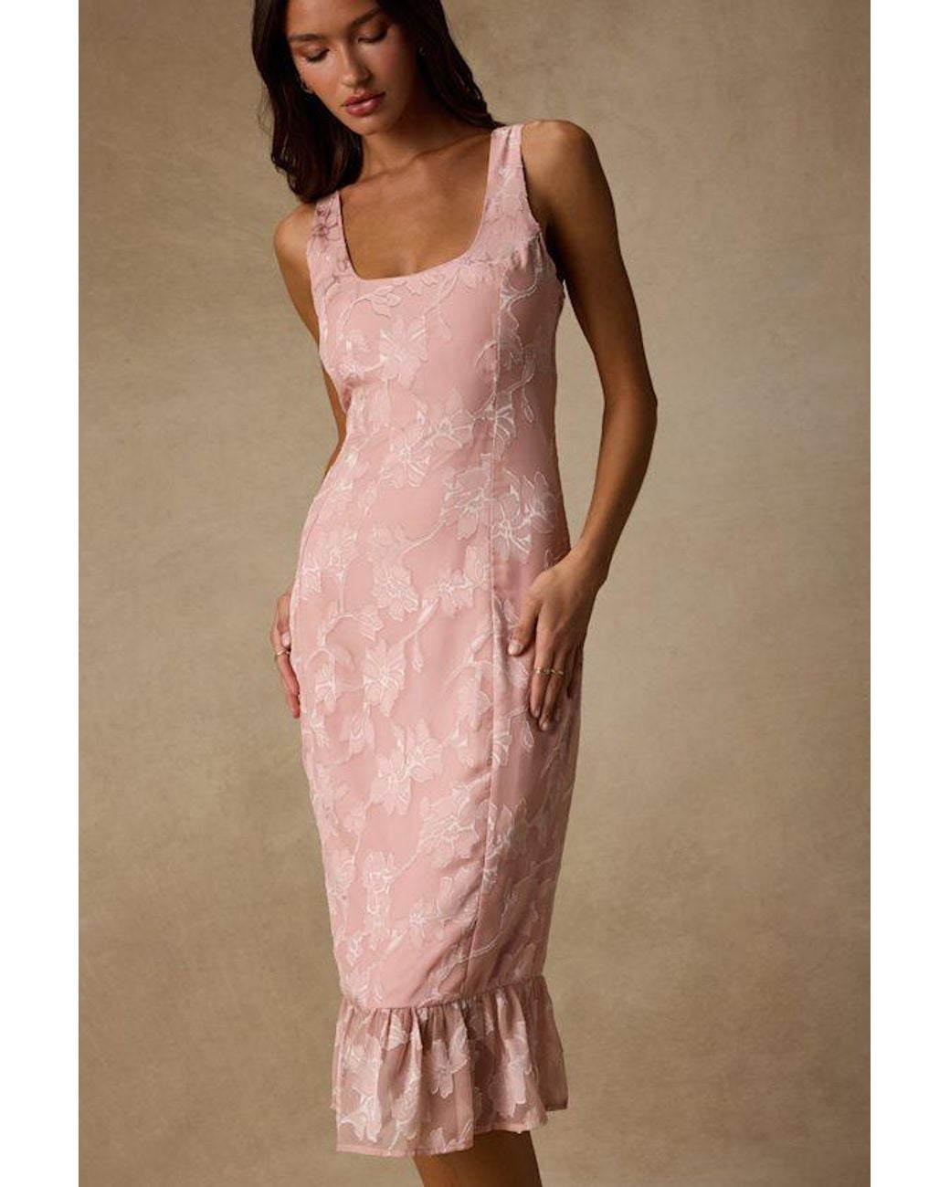 Lulus Pink Elani Floral Burnout Trumpet Midi Dress