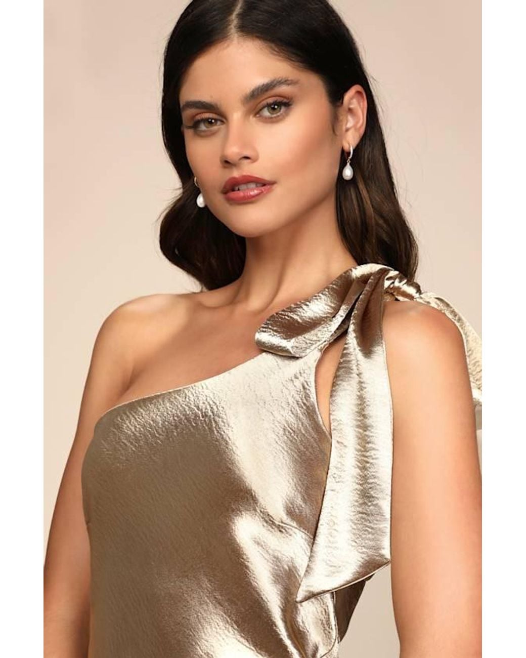 Lulus Natural Lavish Looks Satin One-Shoulder Tie-Strap Maxi Dress