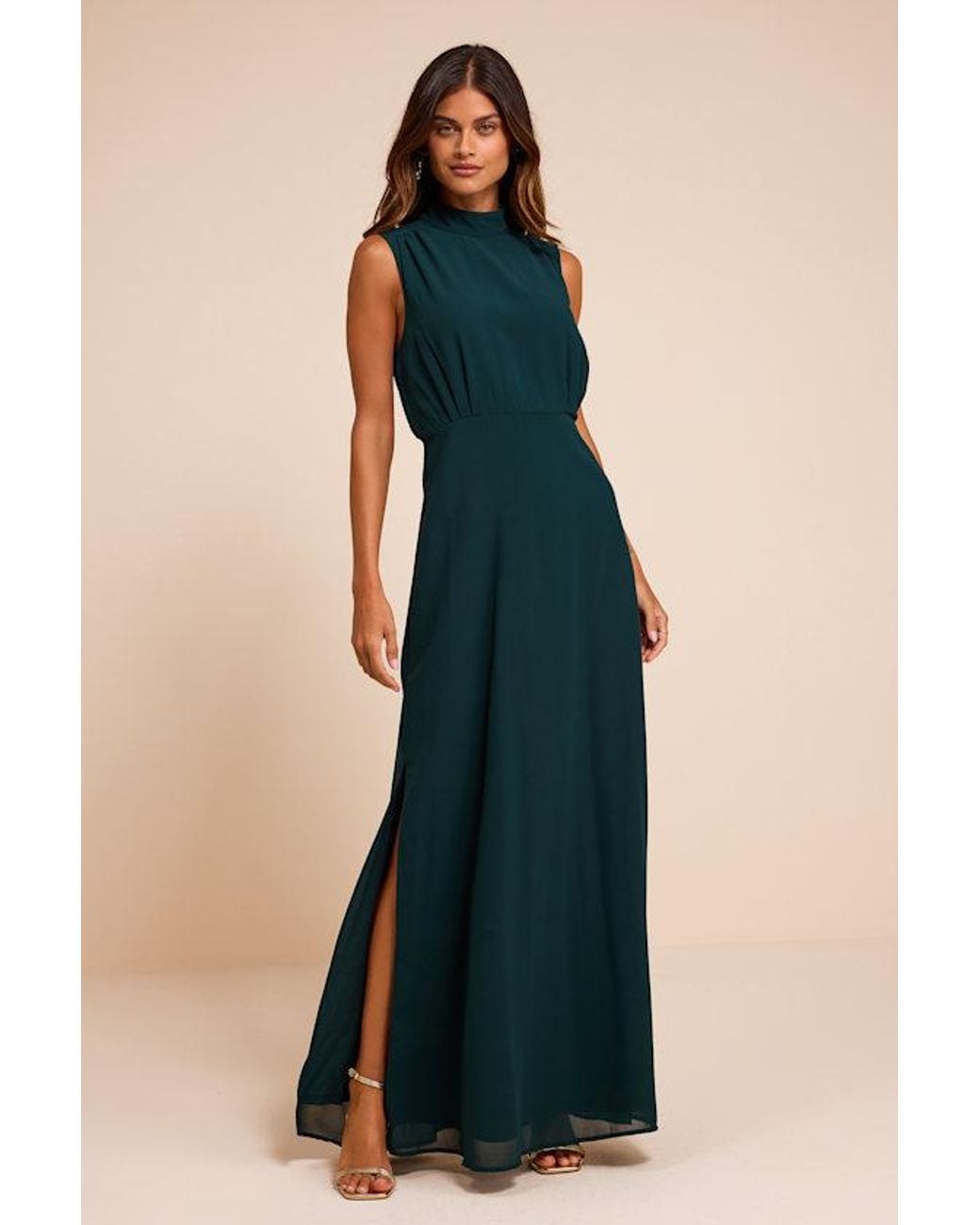 Lulus Blue Classic Elegance Emerald Chiffon Sleeveless Mock Neck Maxi Dress