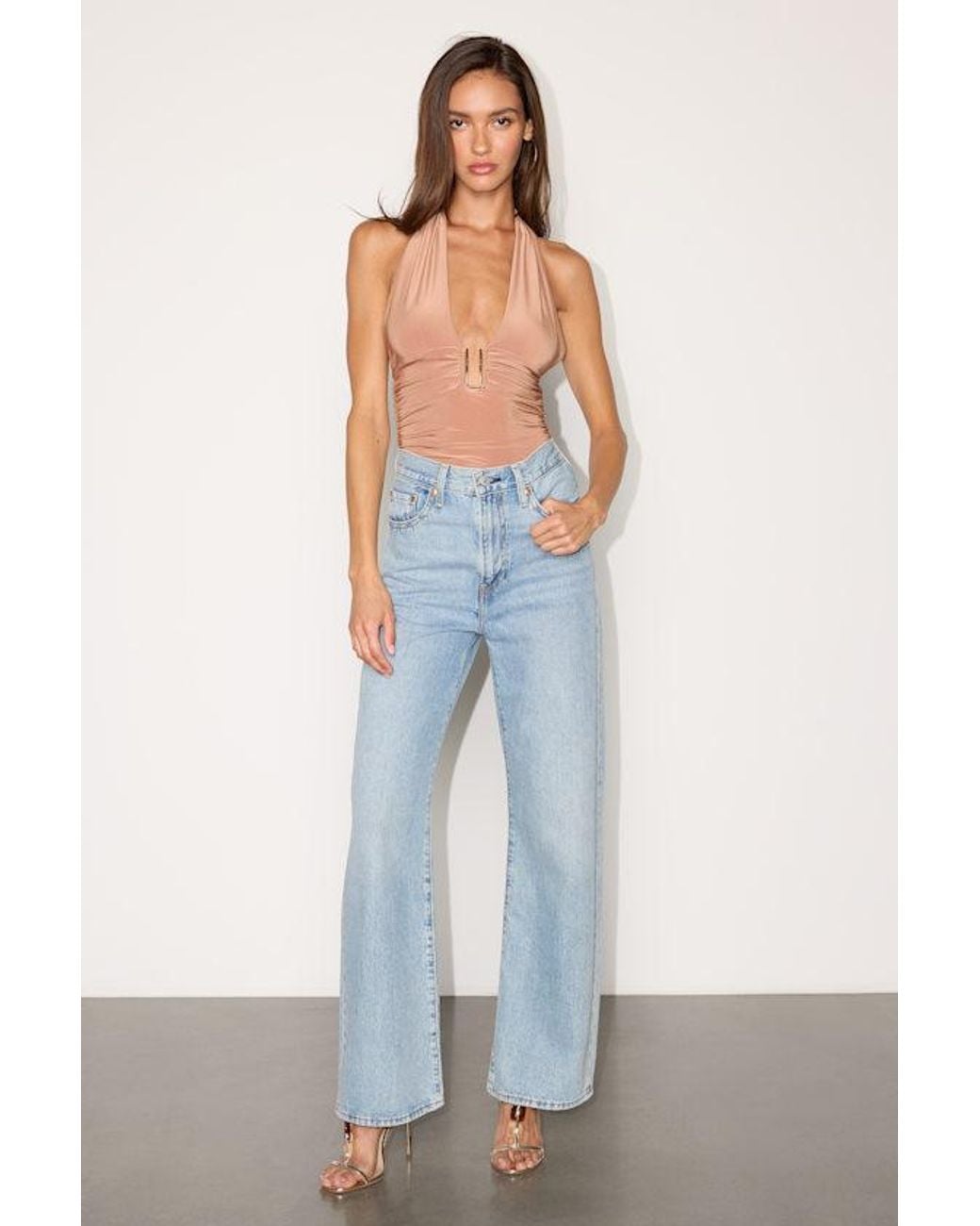 Lulus Blue Astrid Slinky Knit Halter Bodysuit