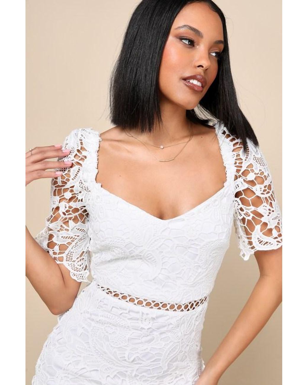 Lulus Natural Briarwood Lace Ruffled Midi Dress
