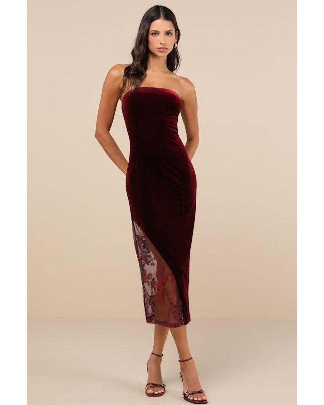 Lulus Natural Feeling So Luxe Velvet Mesh Sequin Strapless Midi Dress