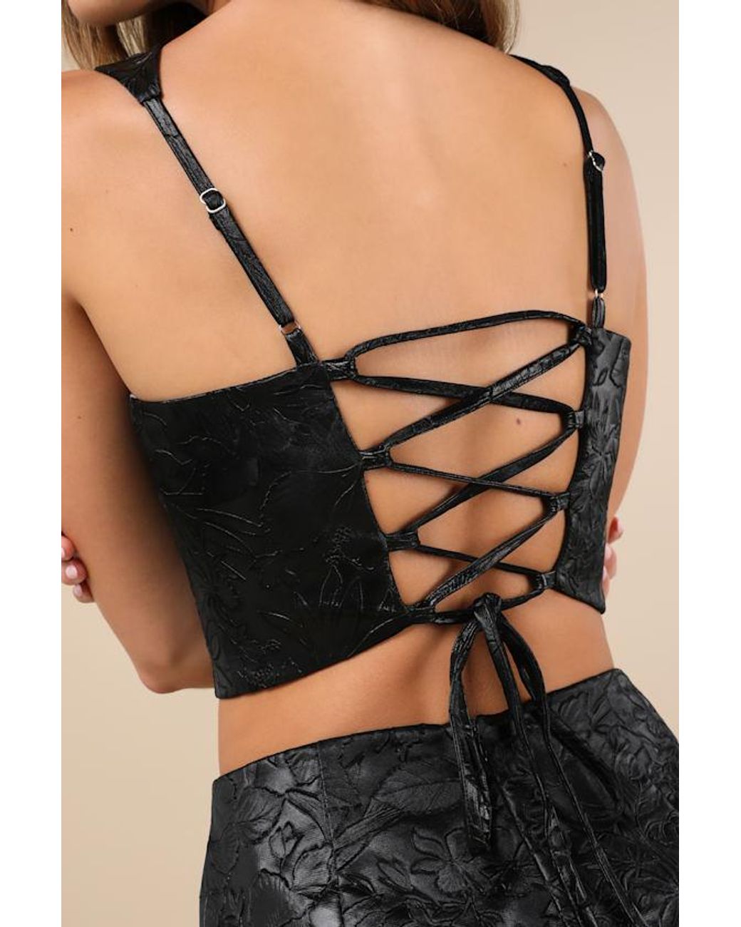 Lulus Black Elaborate Chicness Embossed Lace-Up Top