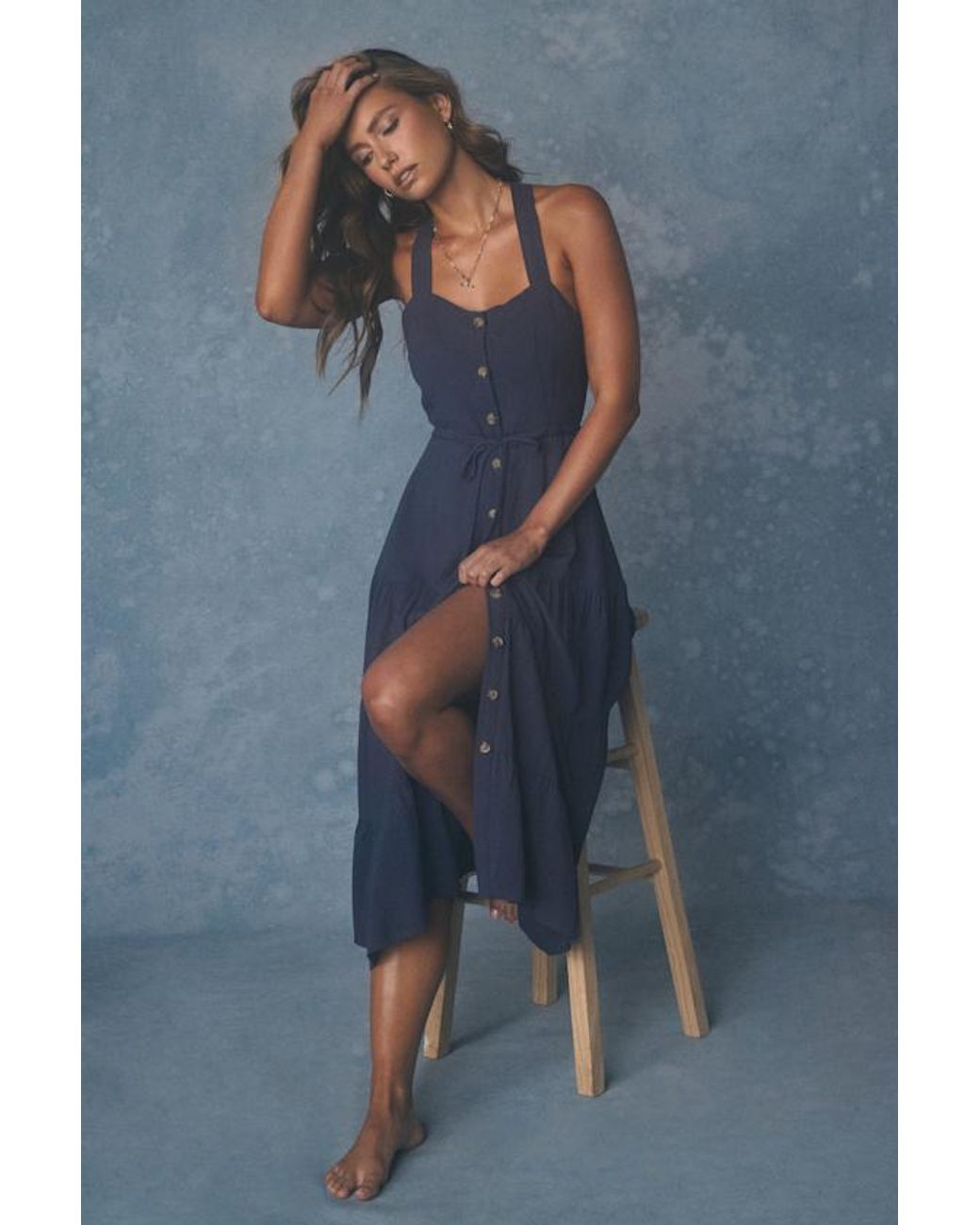 Lulus Blue See The City Button-Front Tiered Midi Dress