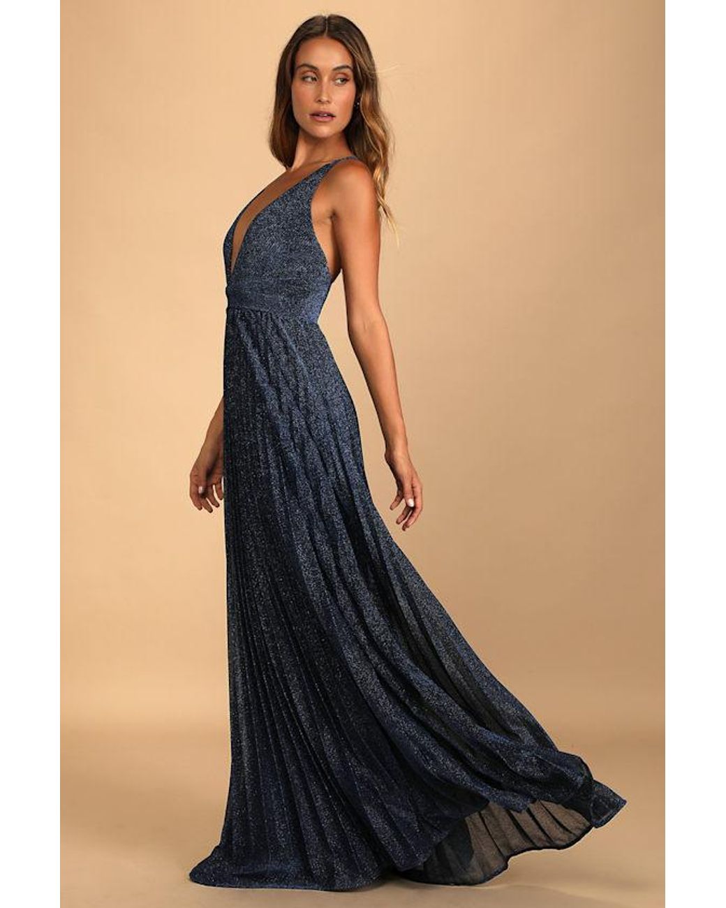 Lulus Blue Especially Stunning Sparkly Pleated Maxi Dress