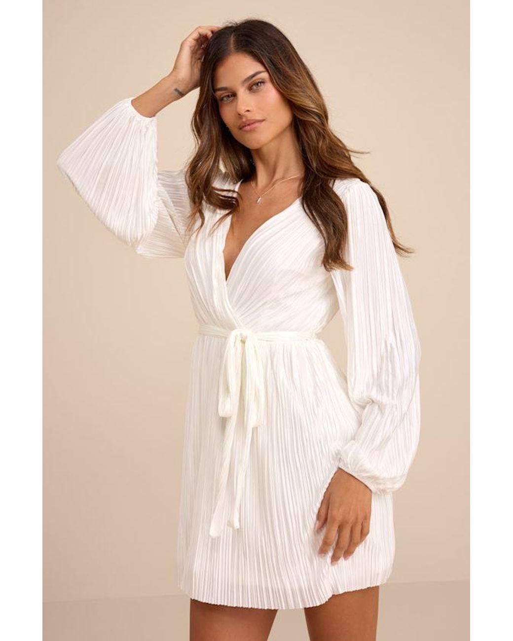Lulus Natural Hastings Pleated Surplice Mini Dress