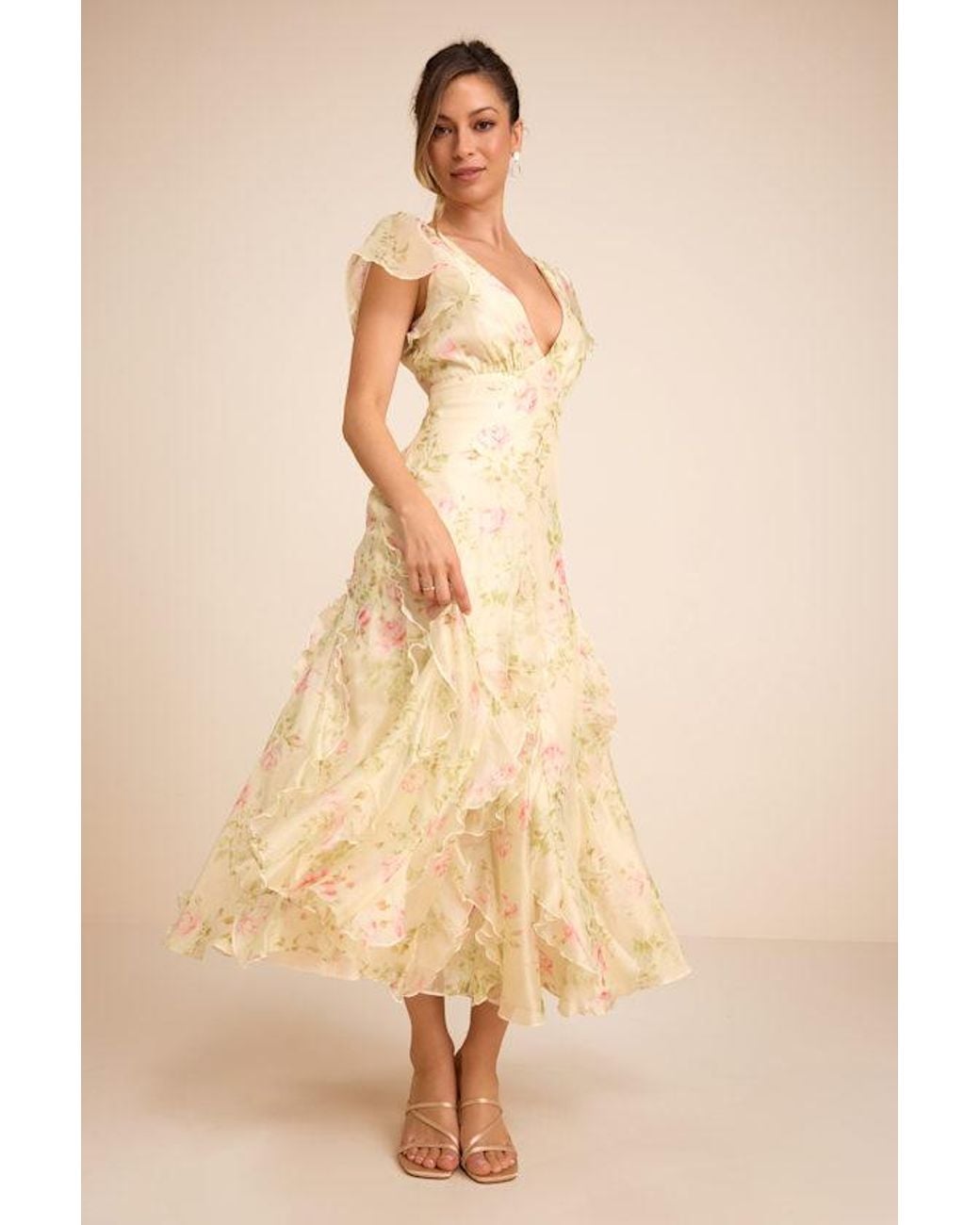 Lulus Natural Deluca Light Floral Ruffled Midi Dress