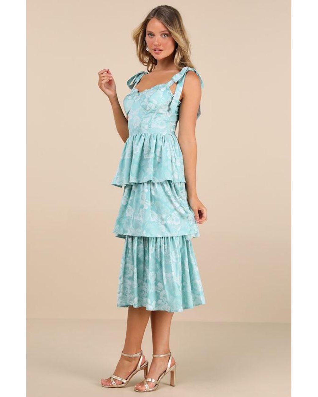 Lulus Blue Lovely Bliss Aqua Floral Jacquard Strapless Bustier Midi Dress
