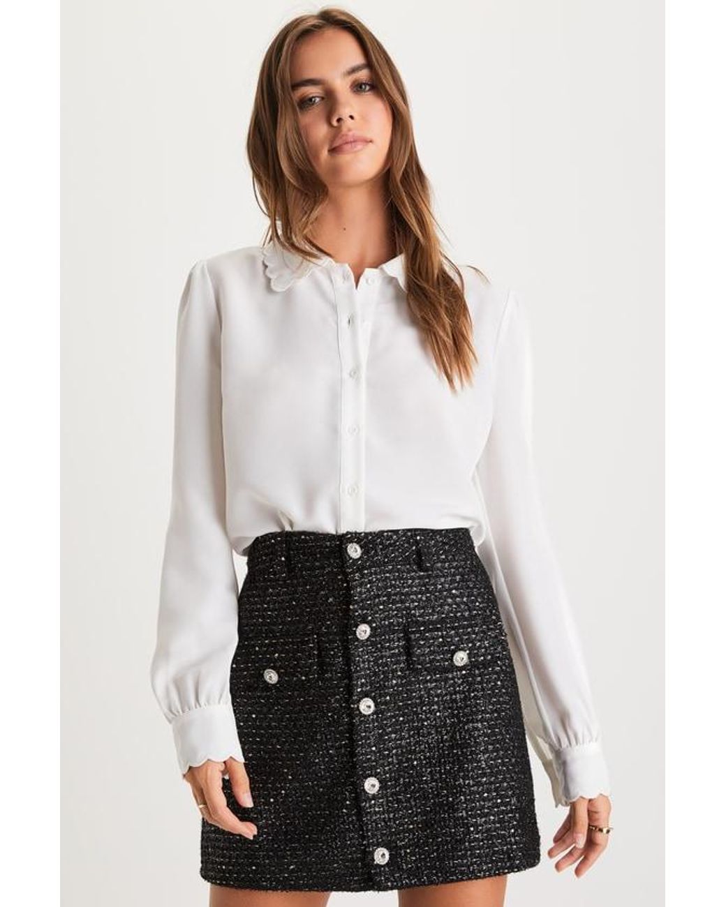 Lulus Black Posh Reputation Tweed Rhinestone Button-Front Mini Skirt