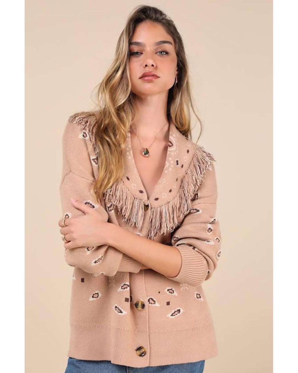 Lulus Natural Playful Coziness Bandana Print Fringe Button-Up Cardigan