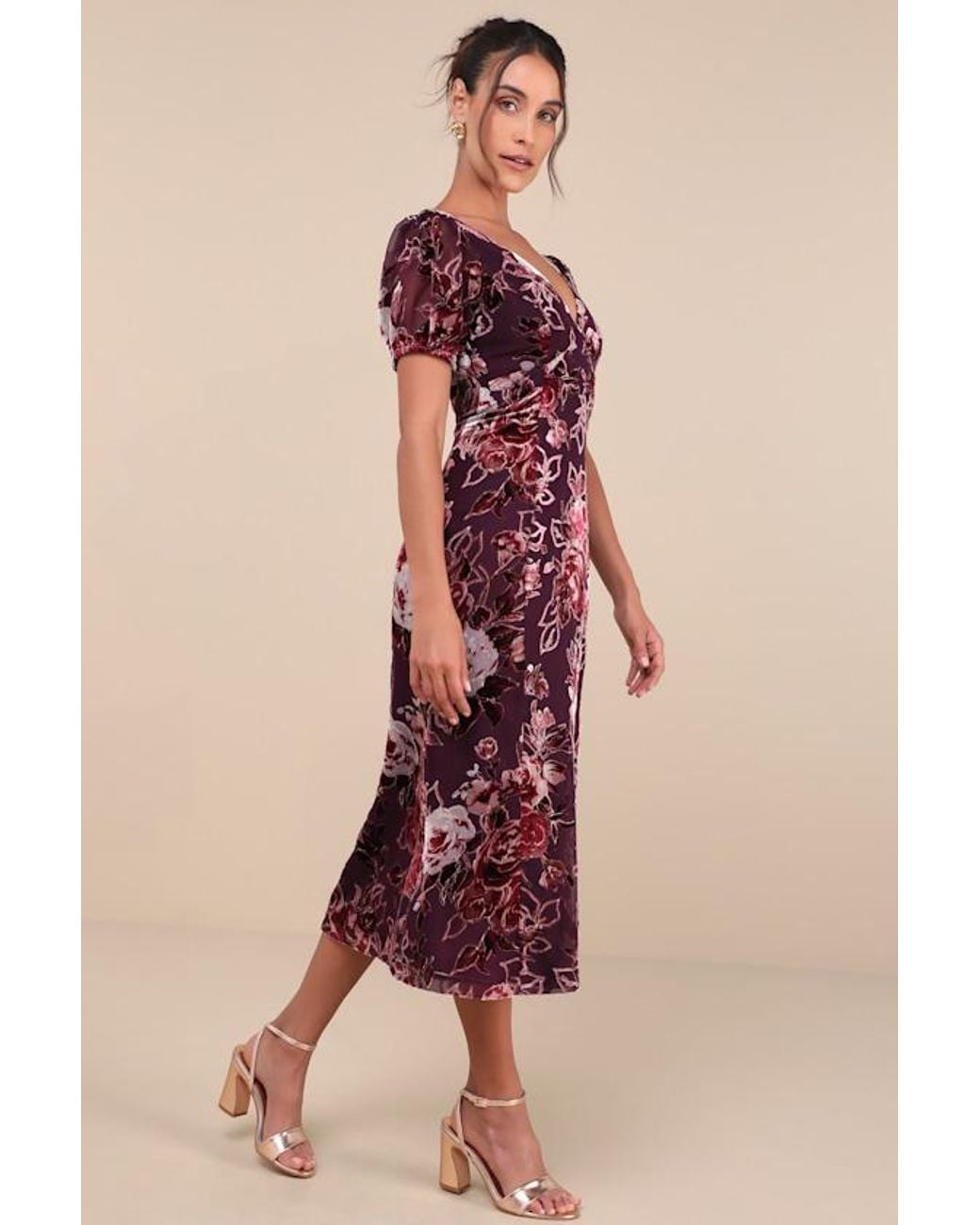 Lulus Pink Loving Approach Velvet Burnout Puff Sleeve Midi Dress