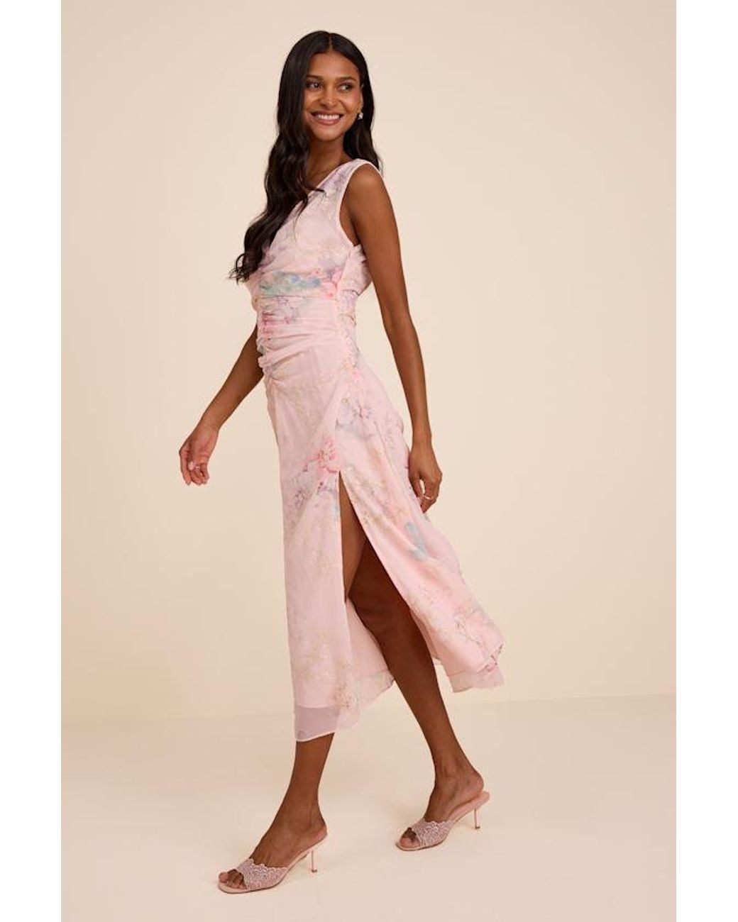 Lulus Natural Jilly Blush Floral Embroidered Ruched Midi Dress