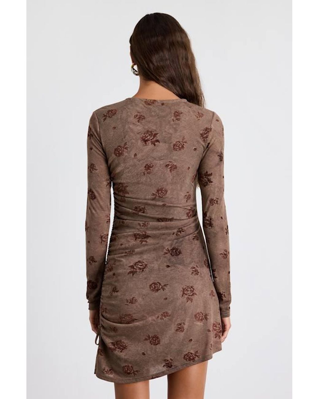 Lulus Brown Laudie Rose Print Ruched Mini Dress