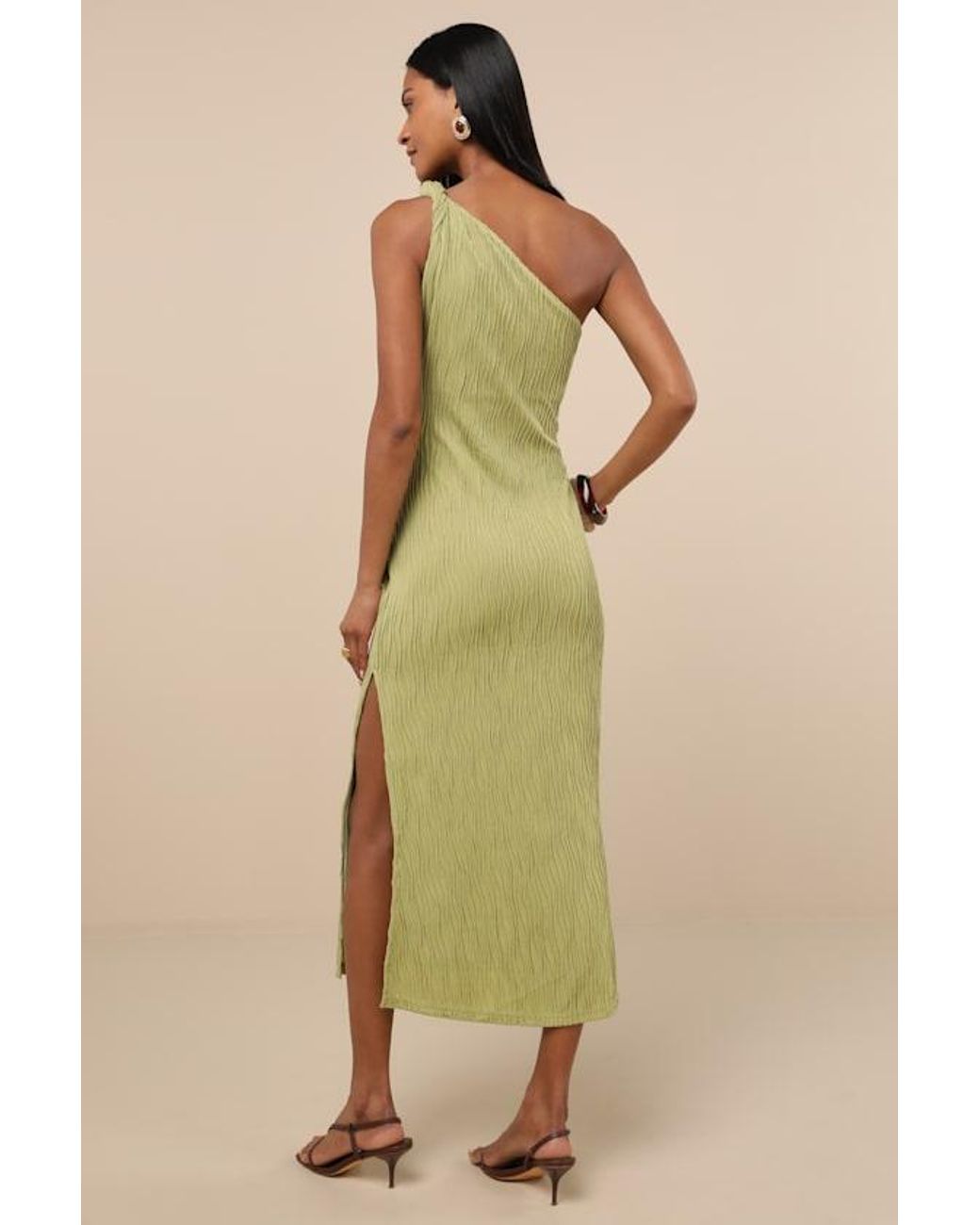 Lulus Green Aristea Light Textured One-Shoulder Midi Dress