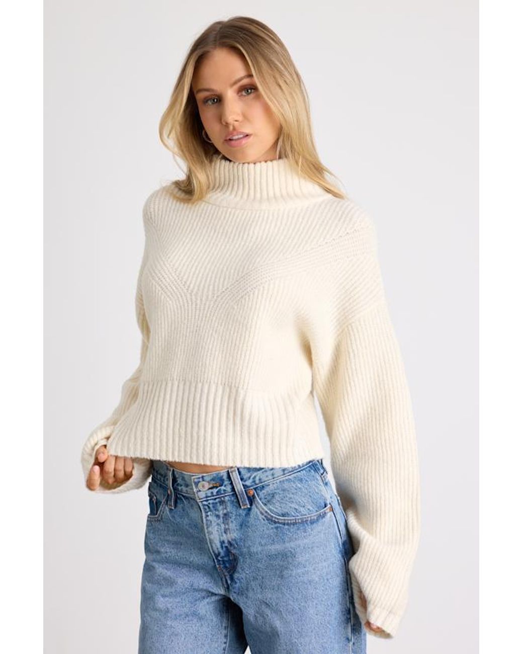 Lulus White Snuggly Days Cropped Mock Neck Sweater