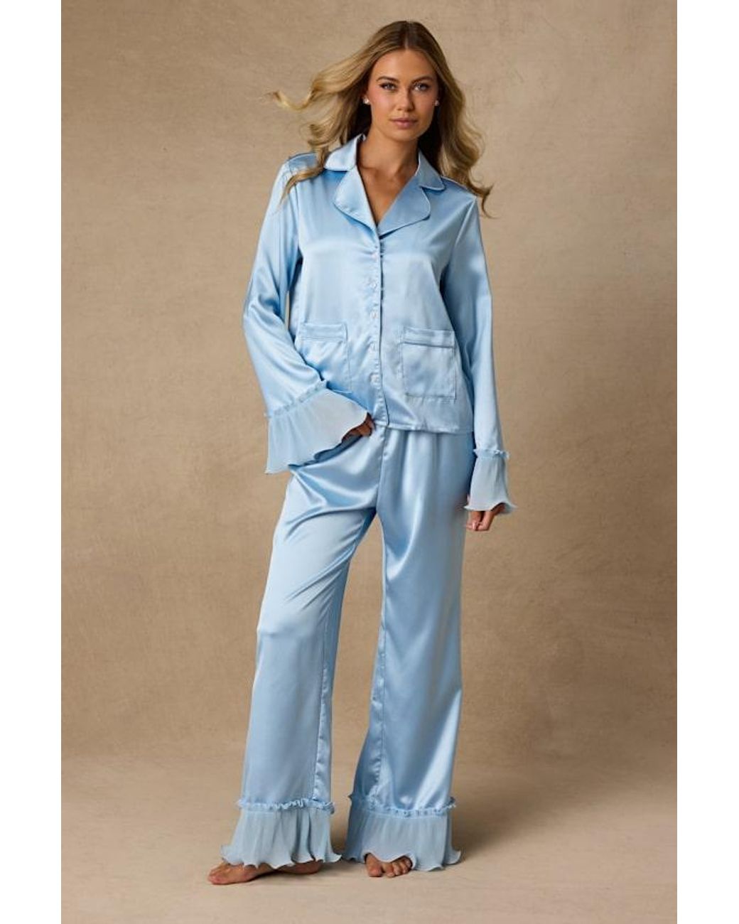 Lulus Blue Melanie Satin Ruffled Two-Piece Pajama Set