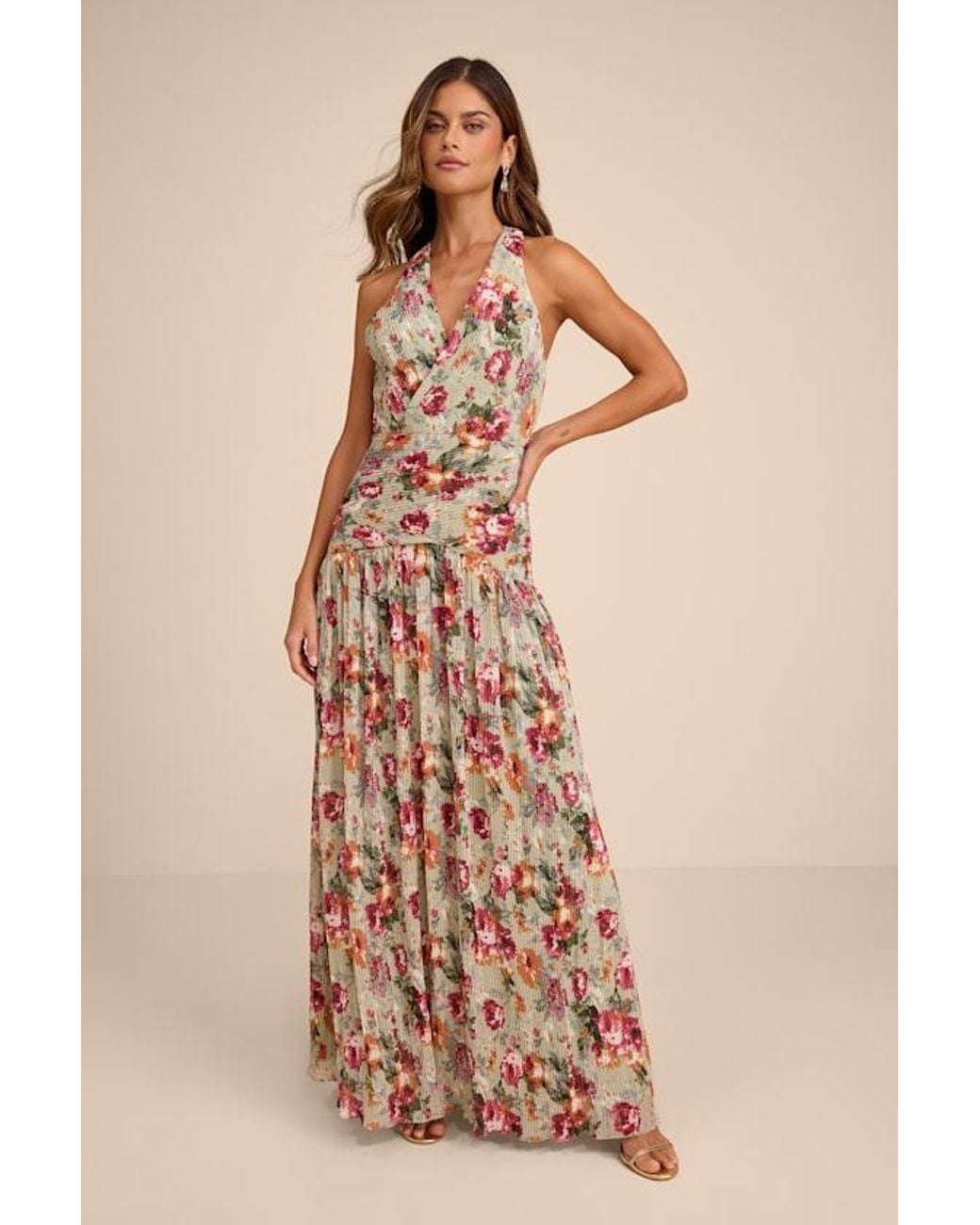 Lulus Natural Sylvanna Sage Floral Halter Drop Waist Maxi Dress