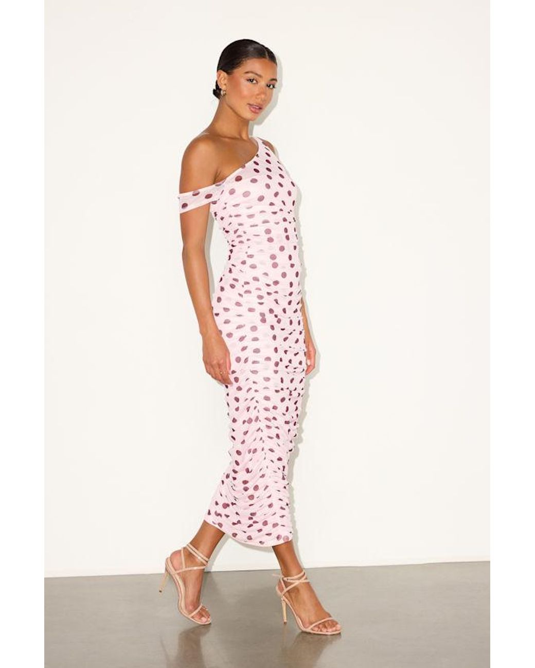 Lulus Pink Decca Blush Polka Dot Mesh Ruched Maxi Dress