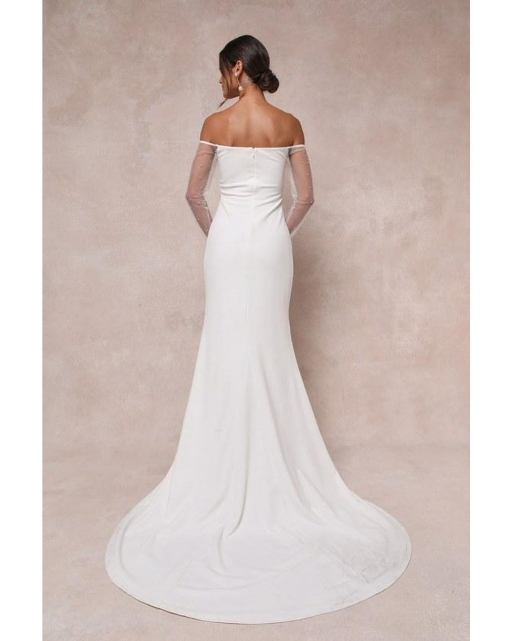 Lulus Natural Eternally Beloved Mesh Off-The-Shoulder Pearl Maxi Dress