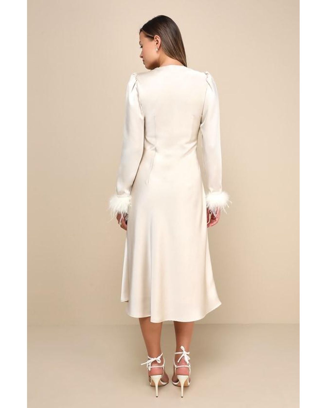 Lulus White Precious Aura Satin Feather Long Sleeve Midi Dress