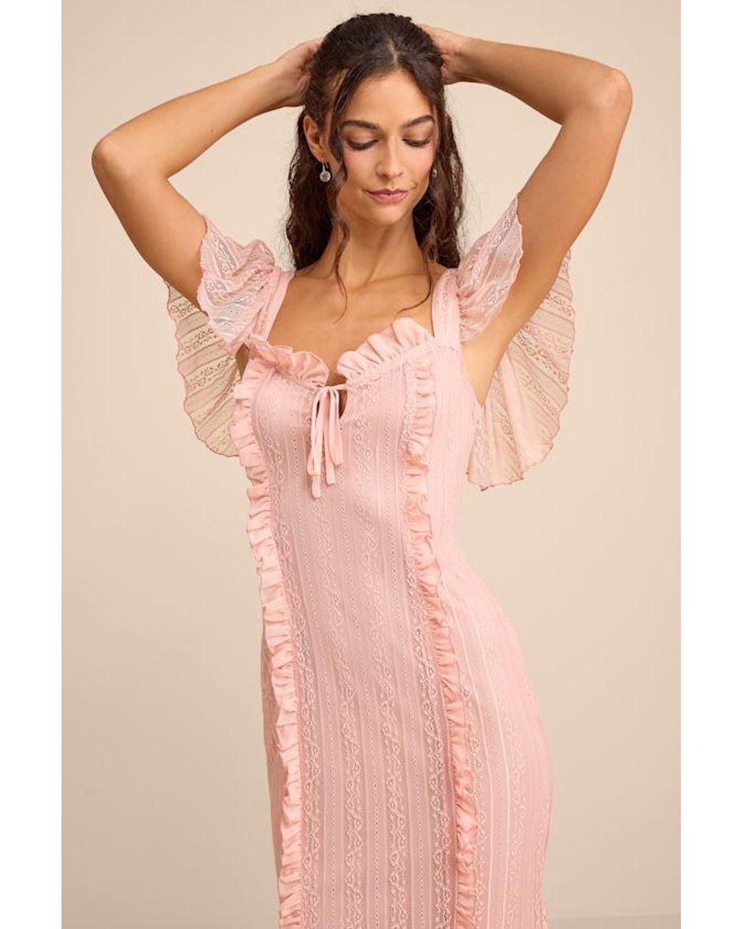 Lulus Pink Aviara Lace Ruffled Flutter Sleeve Midi Dress