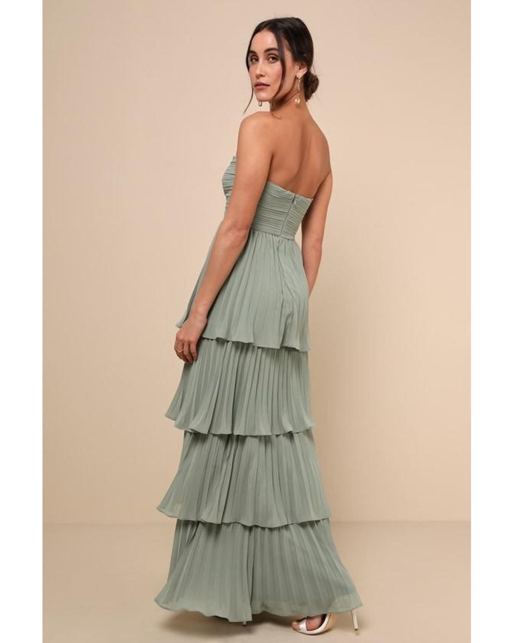 Lulus Seriously Sensational Sage Brush Strapless Tiered Maxi Dress in Green  | Lyst