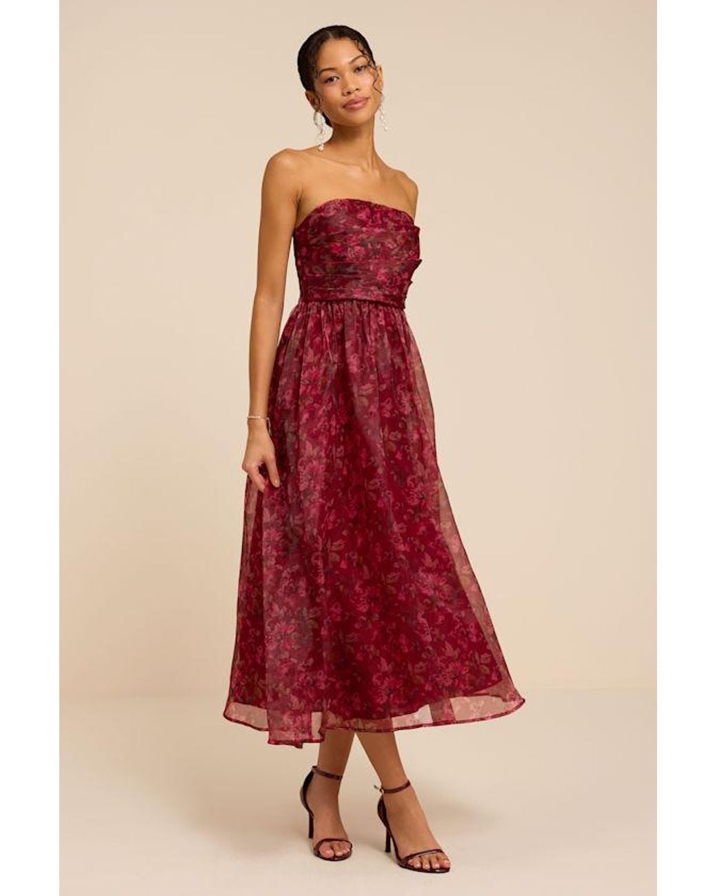 Lulus Freddie Berry Floral Organza Midi Dress