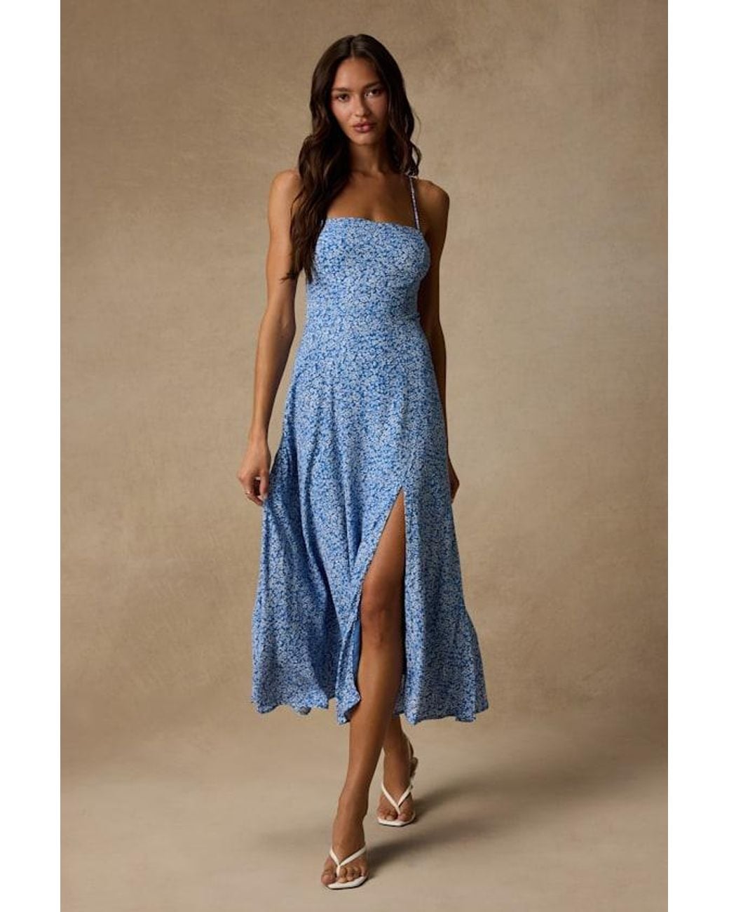 Lulus Blue Charming Dedication Floral Sleeveless Lace-Up Midi Dress