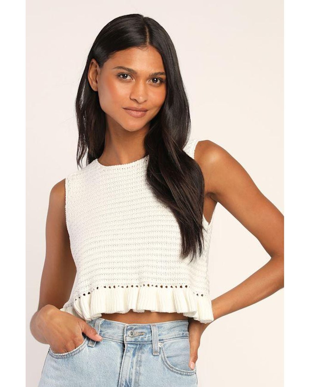 Lulus White Flouncin' Around Cropped Ruffled Sweater Tank