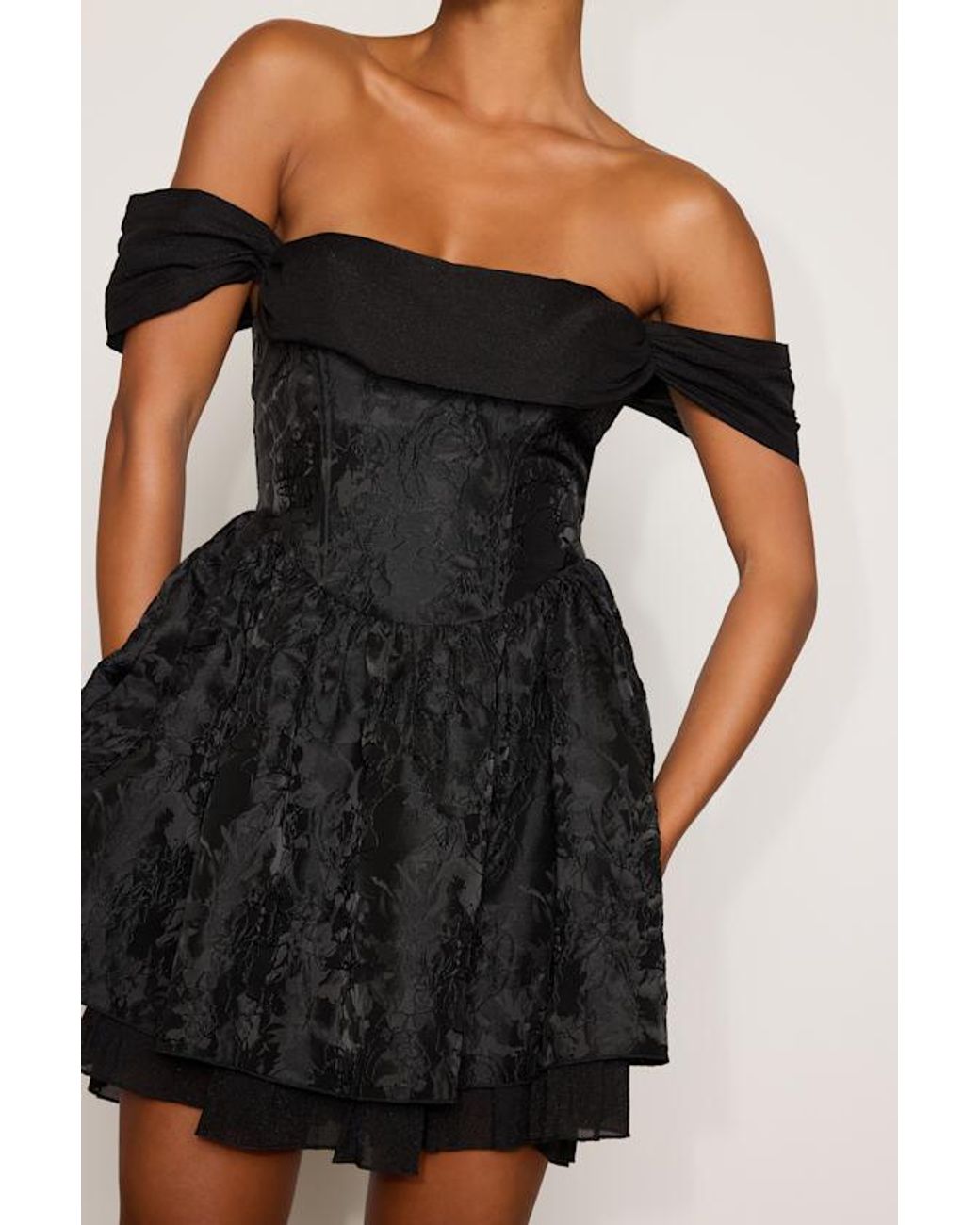 Lulus Black Kalara Jacquard Off-The-Shoulder Mini Dress