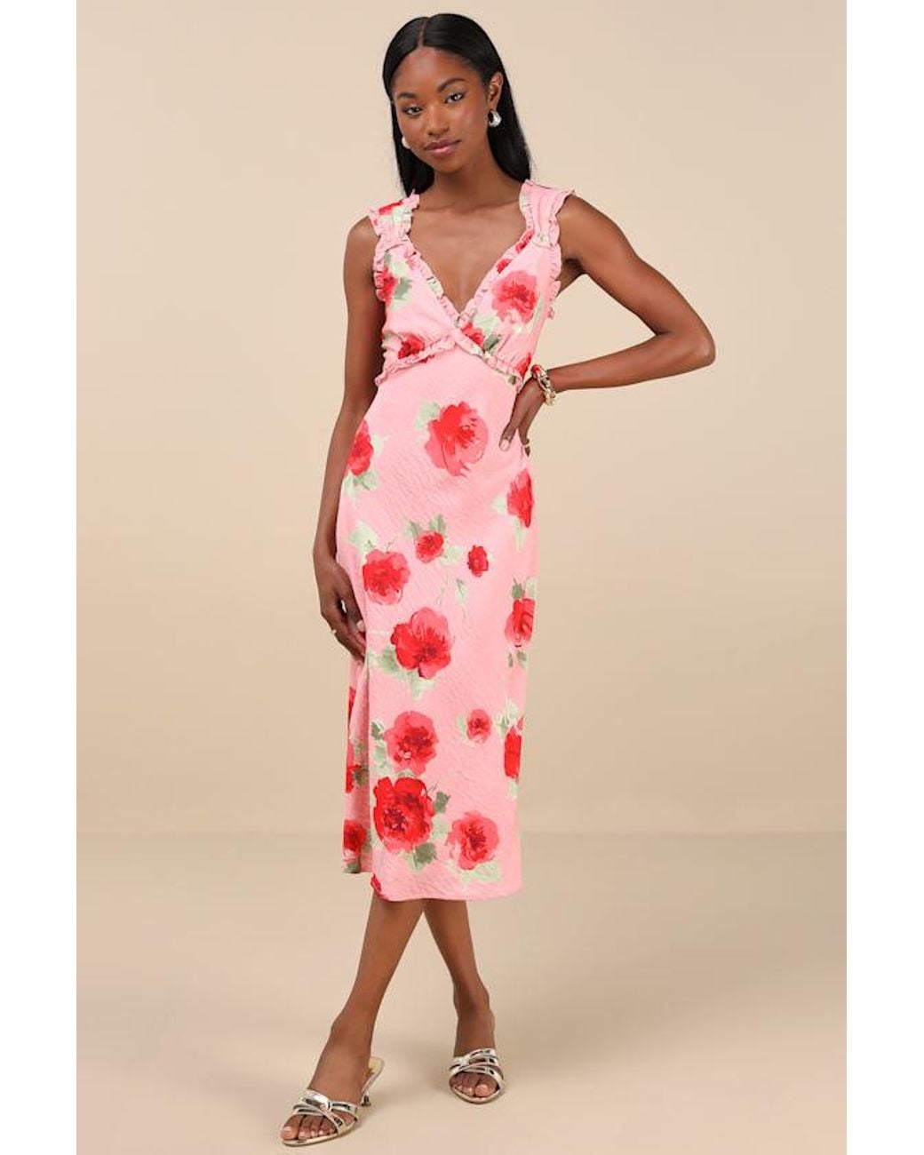 Lulus Pink Clarrie Floral Crinkle Satin Ruffled Midi Dress