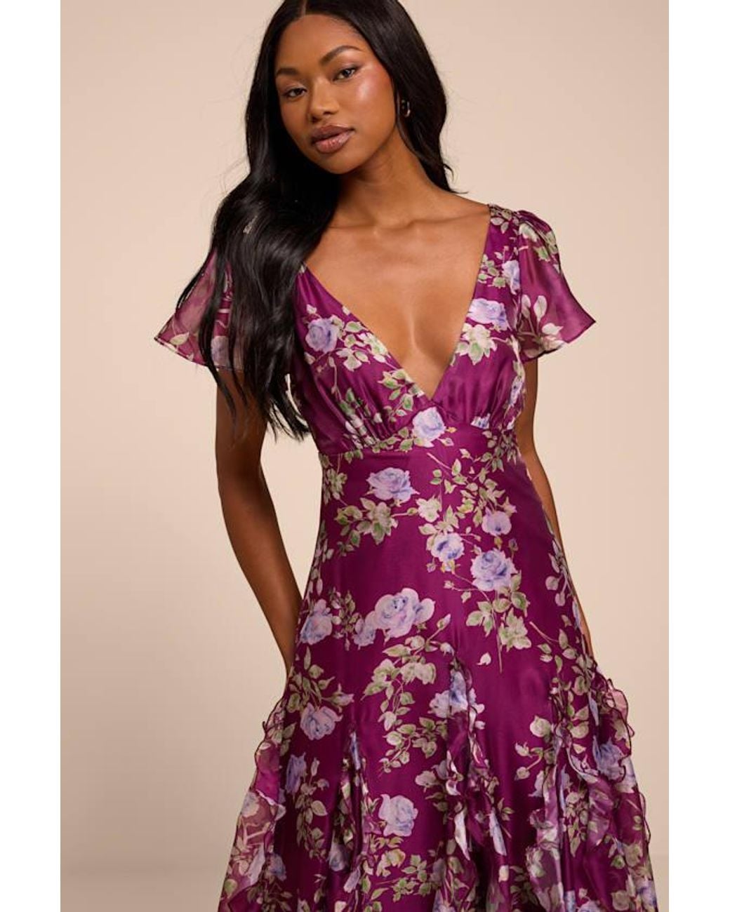 Lulus Pink Deluca Plum Floral Ruffled Midi Dress