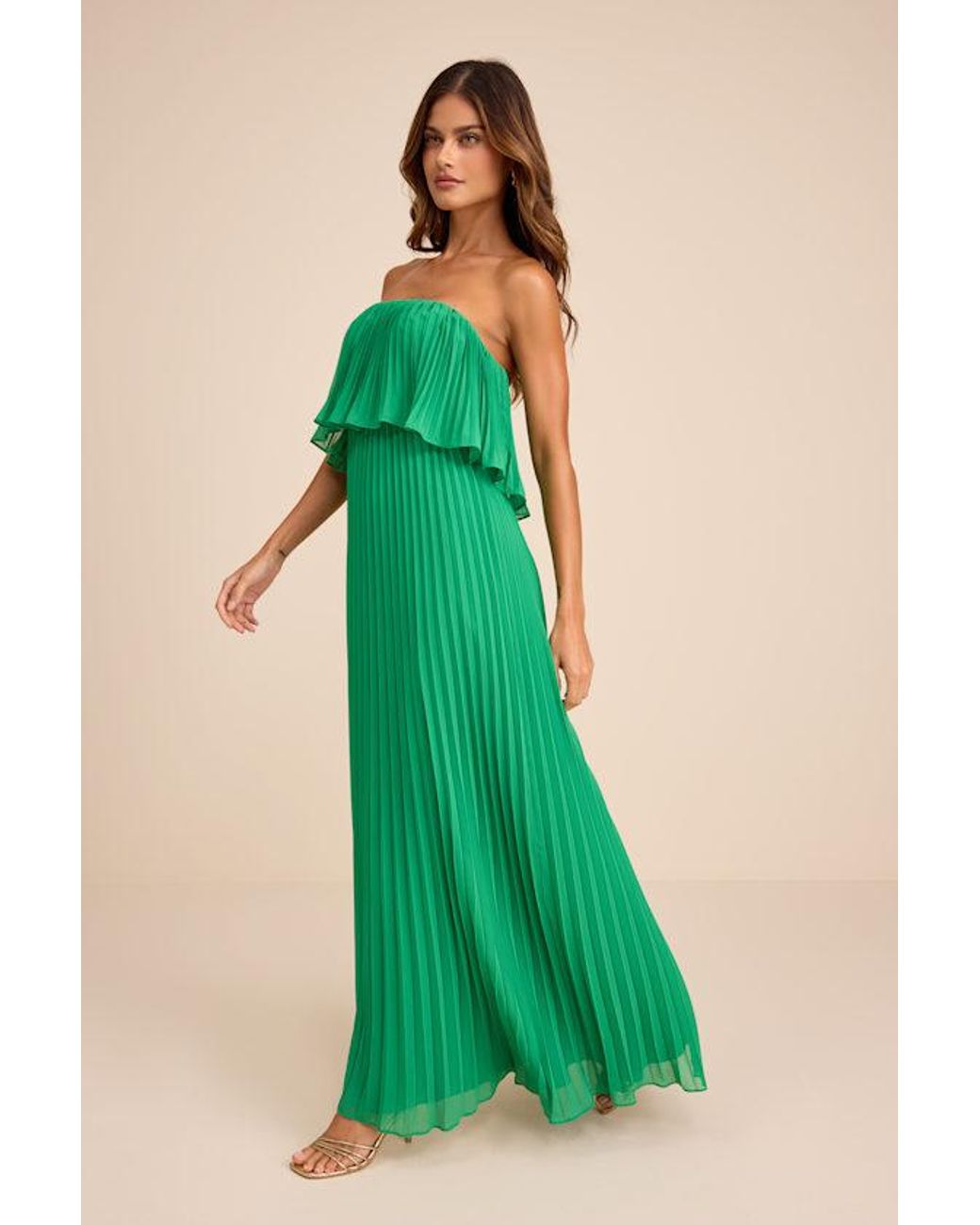 Lulus Green Arietta Pleated Strapless Maxi Dress