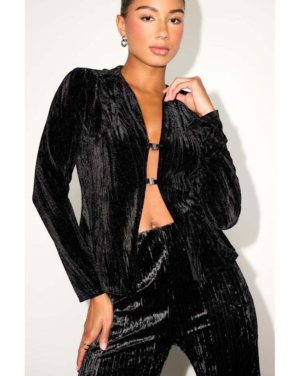 Lulus Black Saelora Crushed Velvet Clasp-Front Long Sleeve Top