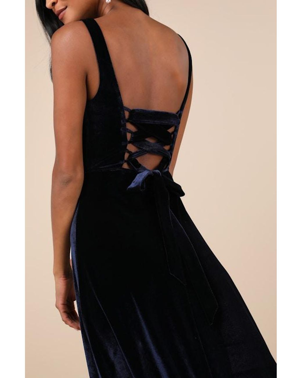 Lulus Blue Graceful Invite Velvet Square Neck Lace-Up Maxi Dress