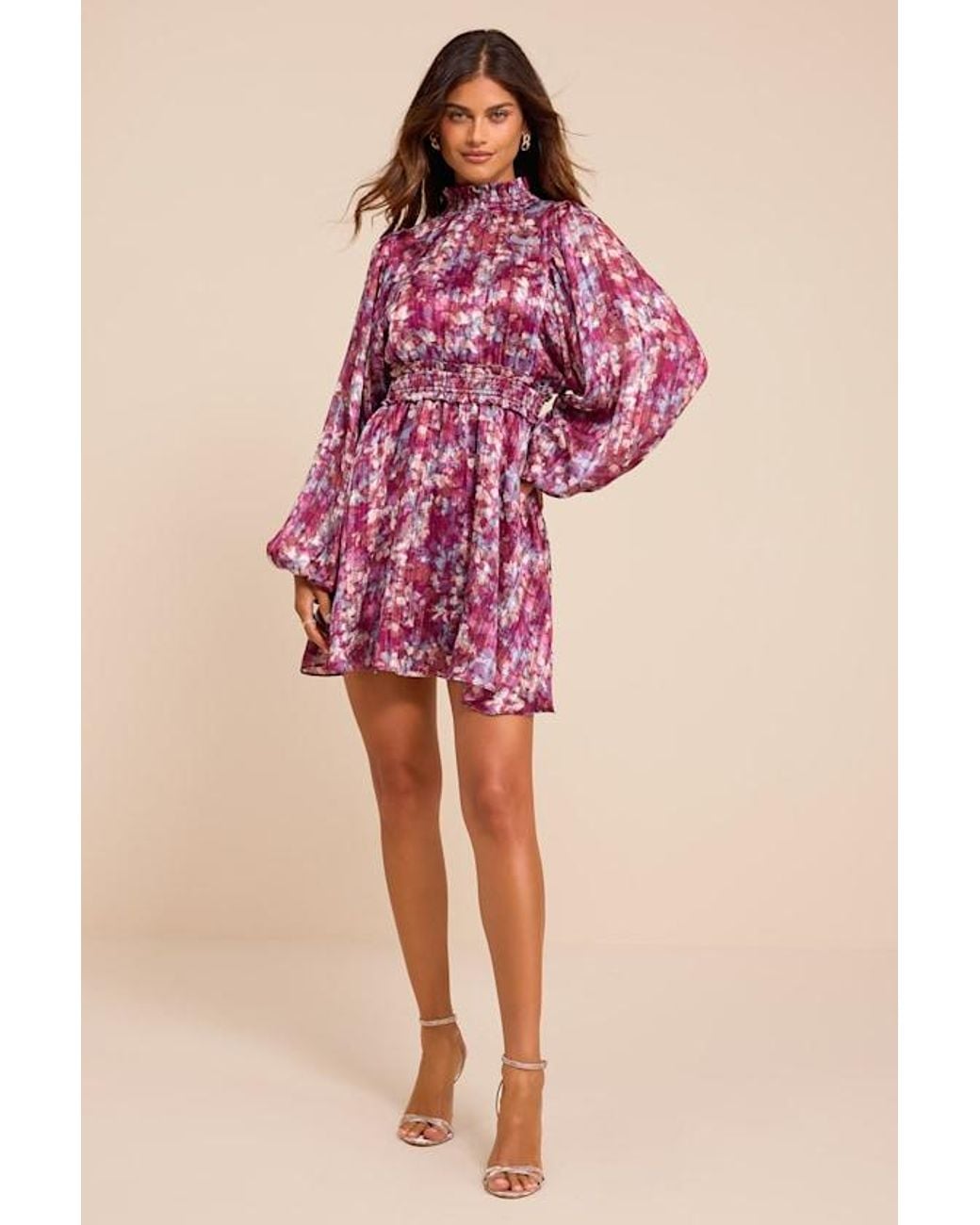 Lulus Red Andie Multi Abstract Floral Mock Neck Mini Dress