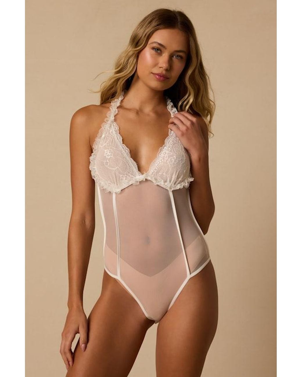 Lulus Brown Arlena Sheer Lace Halter Bodysuit