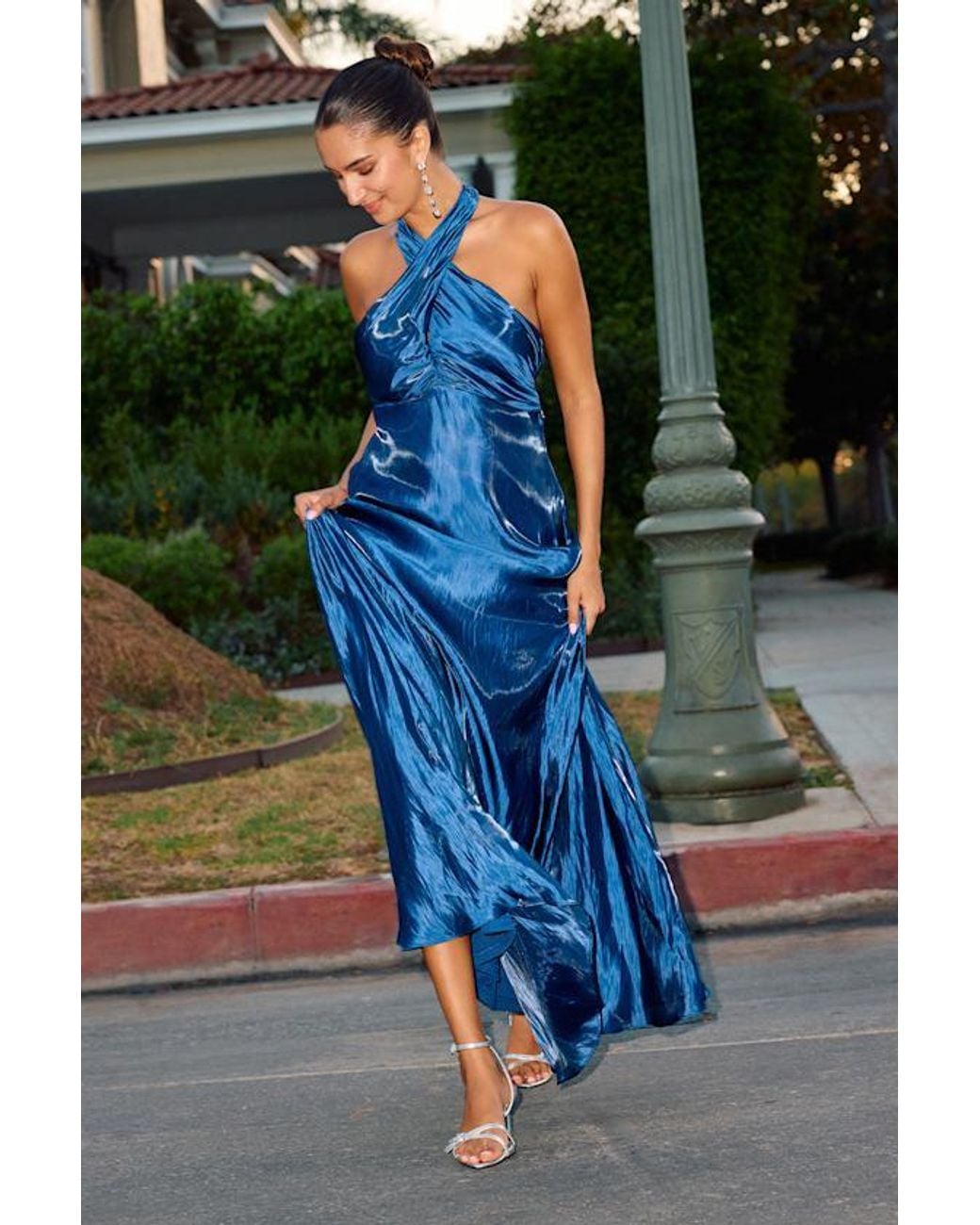 Lulus Blue Canley Satin Cross-Front Halter Maxi Dress