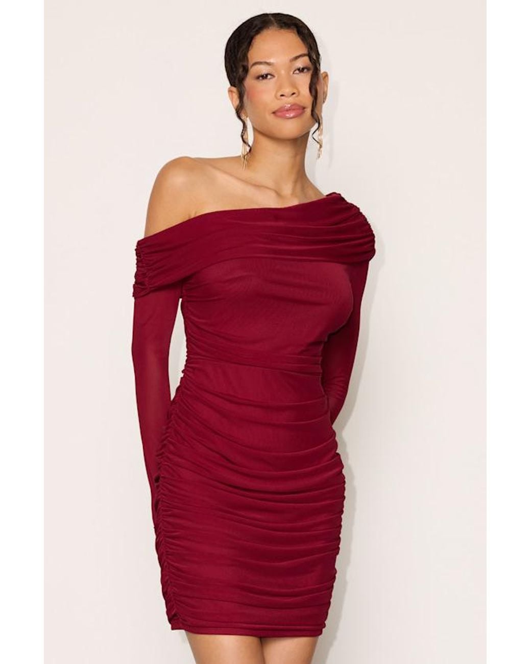 Lulus Red Darla Mesh One-Shoulder Long Sleeve Mini Dress