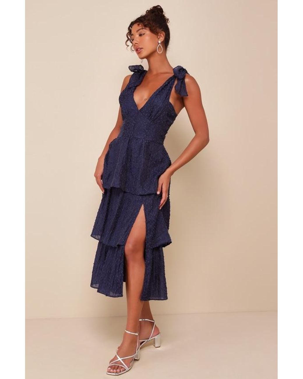 Lulus Blue Blissful Direction Tie-Strap Clip Dot Bustier Midi Dress