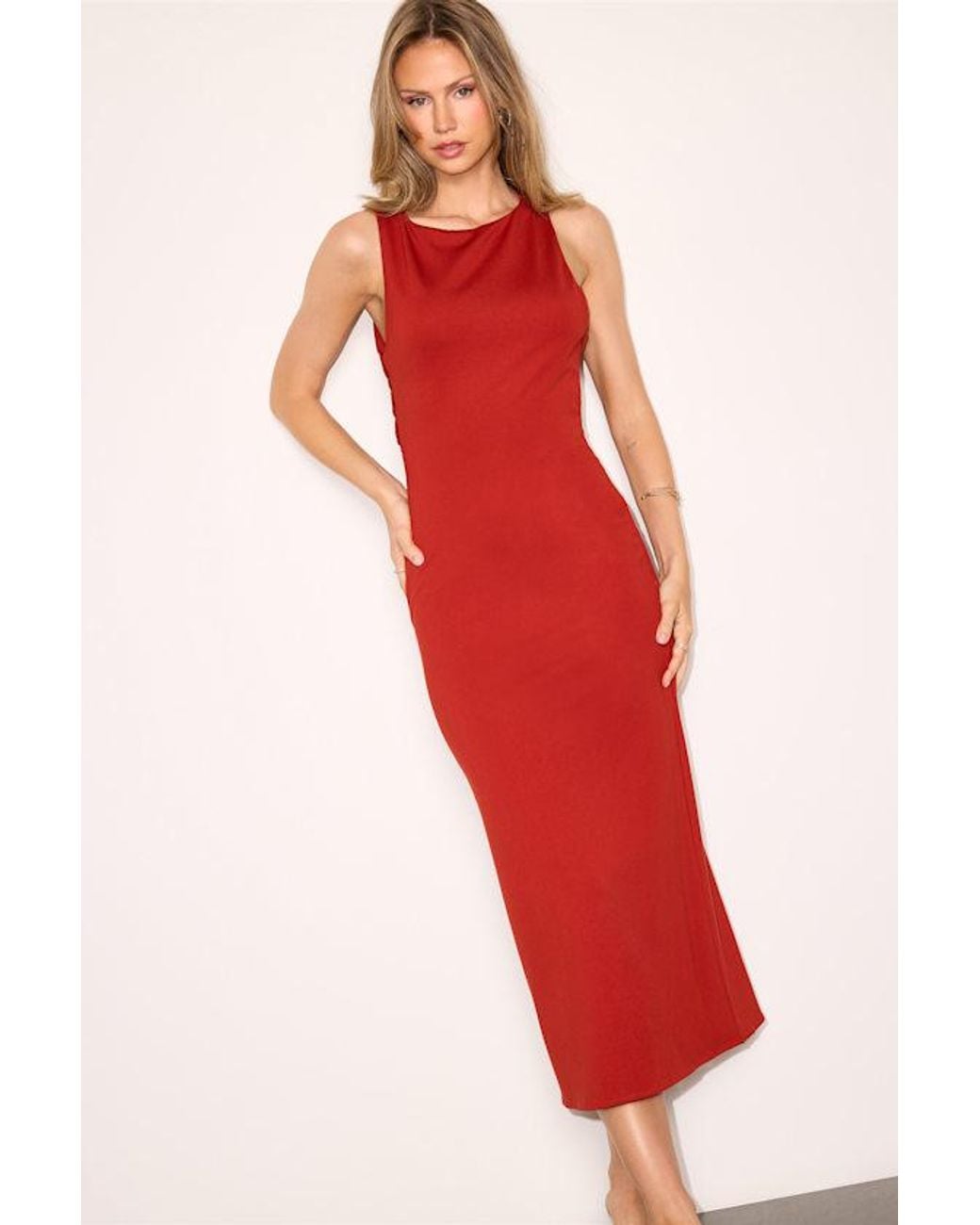 Lulus Red Parmida Rust Jersey Knit Backless Midi Dress