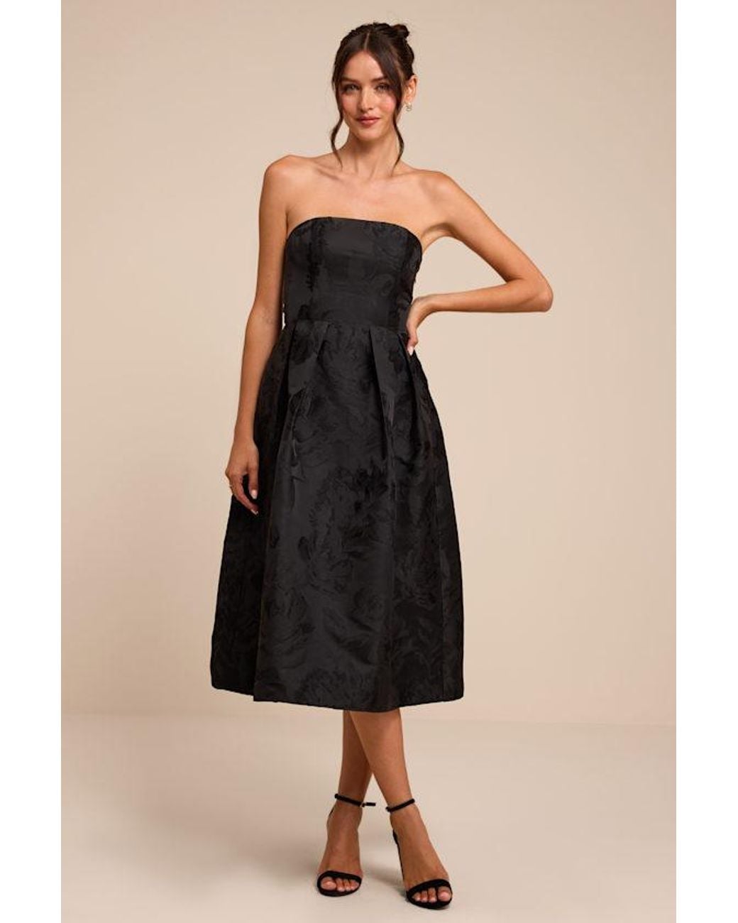 Lulus Black Laurelin Floral Jacquard Strapless Midi Dress