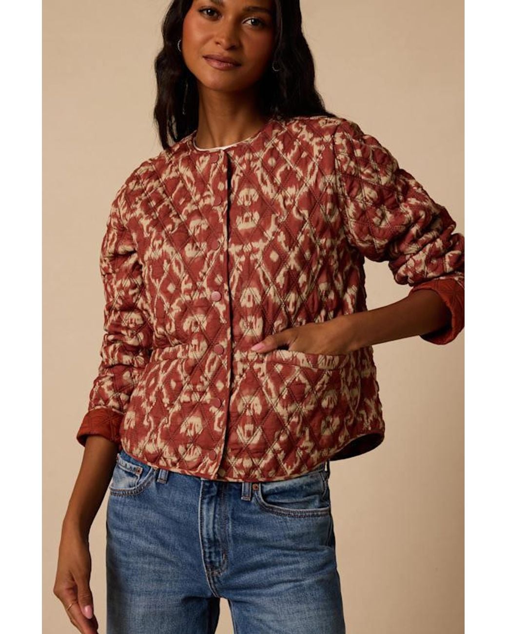 Lulus Red Corrigan Rust Print Quilted Jacket