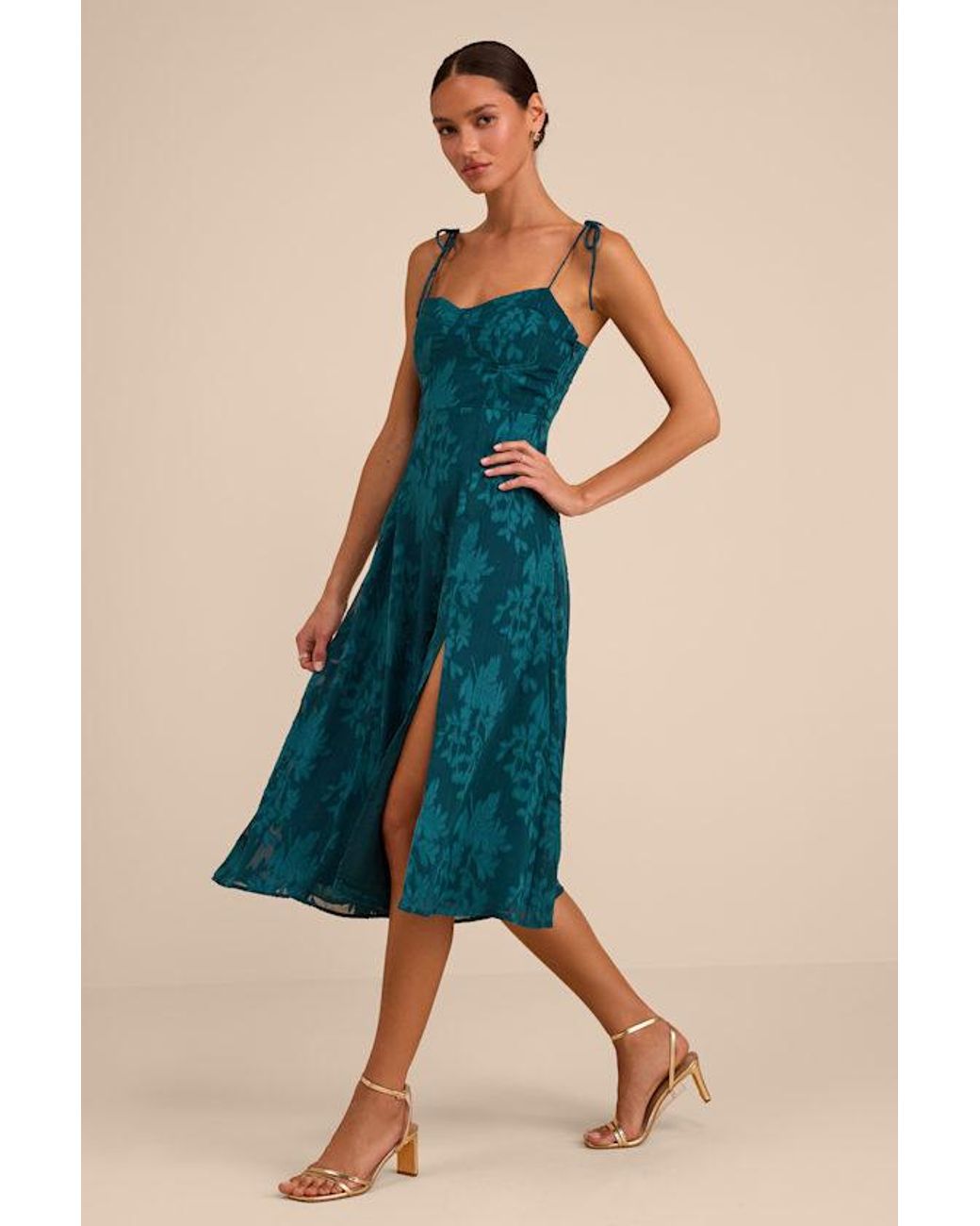 Lulus Blue Loveliest Looks Jacquard Tie-Strap Midi Dress
