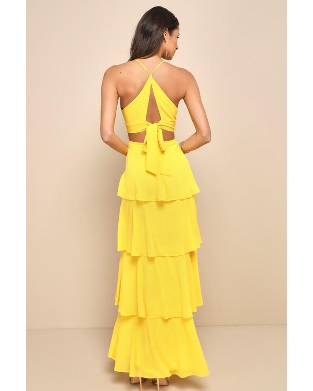 Lulus Yellow Tier And Now Tie-Back Tiered Maxi Dress