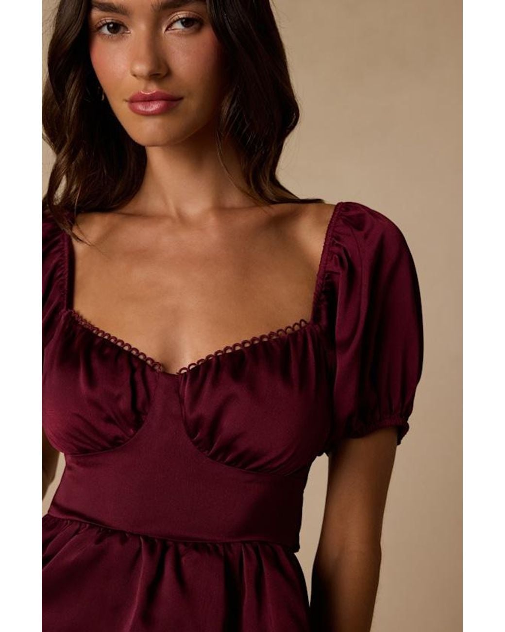 Lulus Red Romi Satin Puff Sleeve Peplum Top