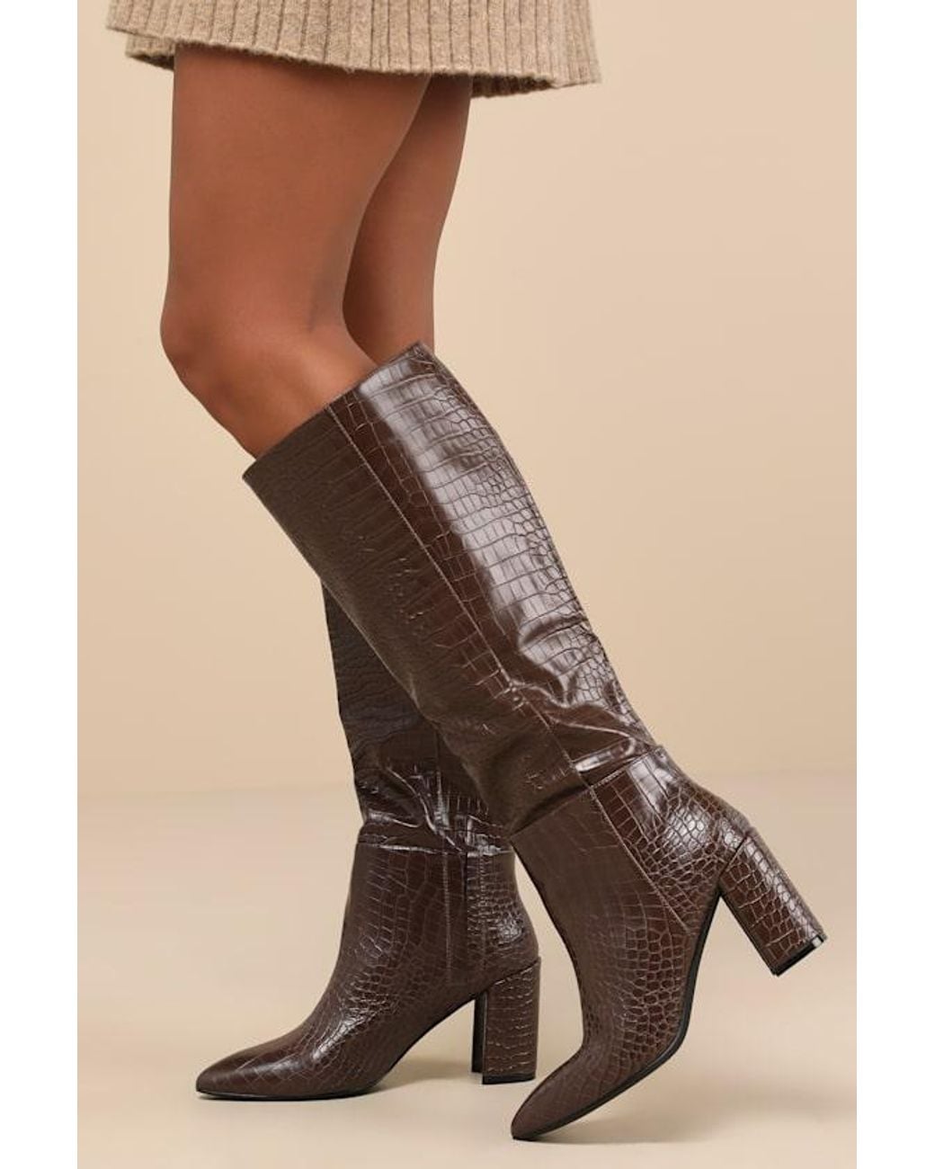 Lulus Brown Katari Espresso Croc-Embossed Pointed-Toe Knee High Boots