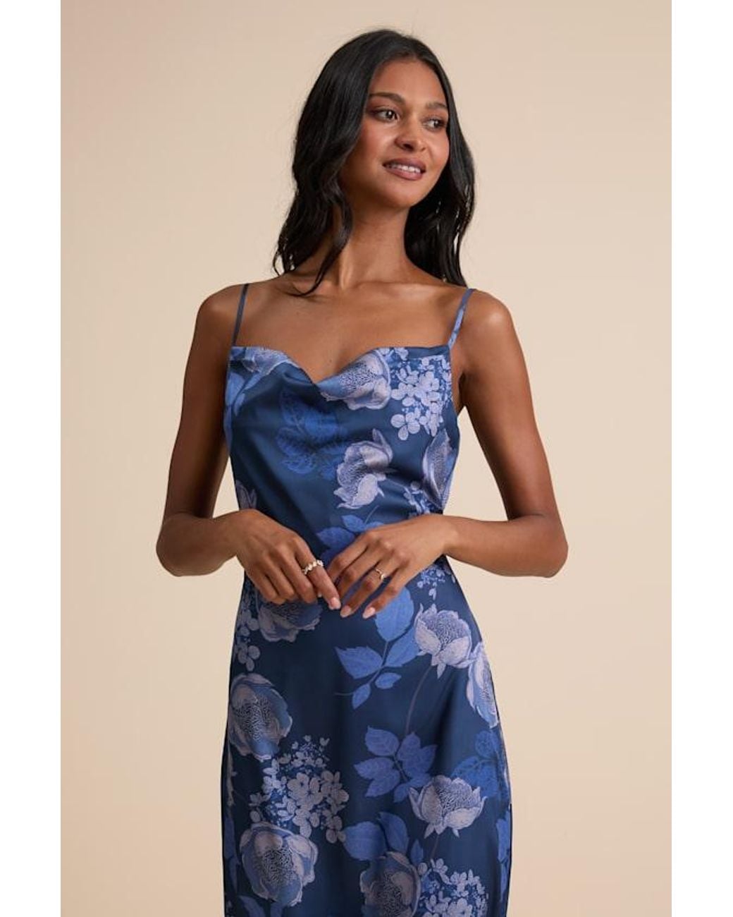 Lulus Blue Favorite Icon Floral Satin Cowl Neck Slip Midi Dress