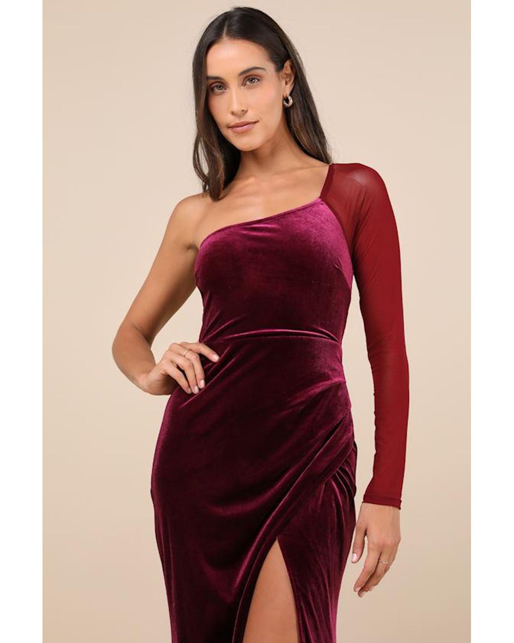 Lulus Red Lavish Style Dark Velvet Mesh One-Shoulder Maxi Dress