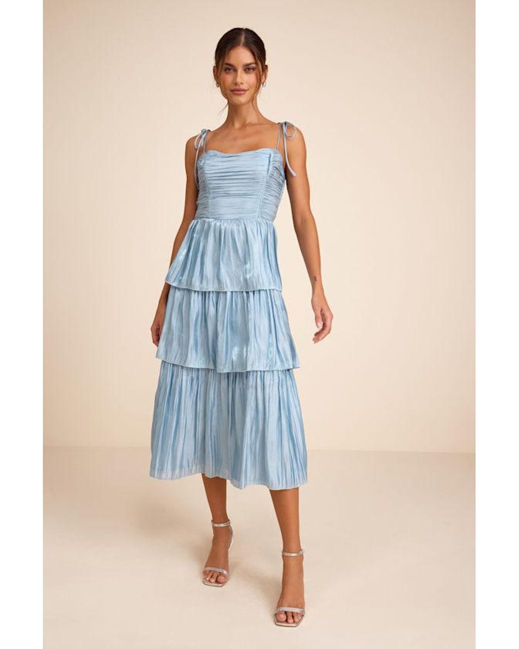 Lulus Blue Tennon Plisse Tiered Midi Dress